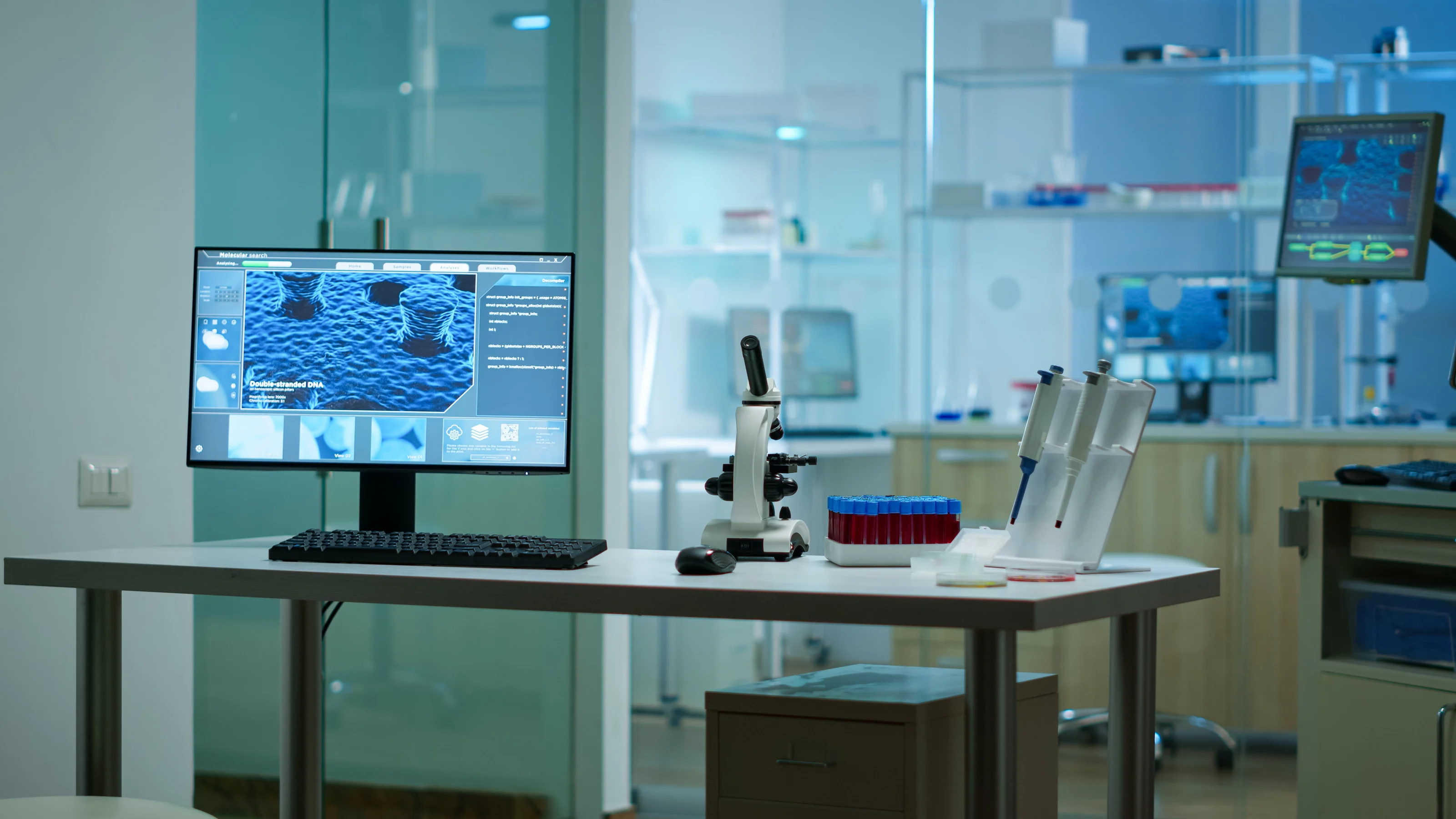 A modern research laboratory with microscopes, sample racks and analysis screens on the benches.