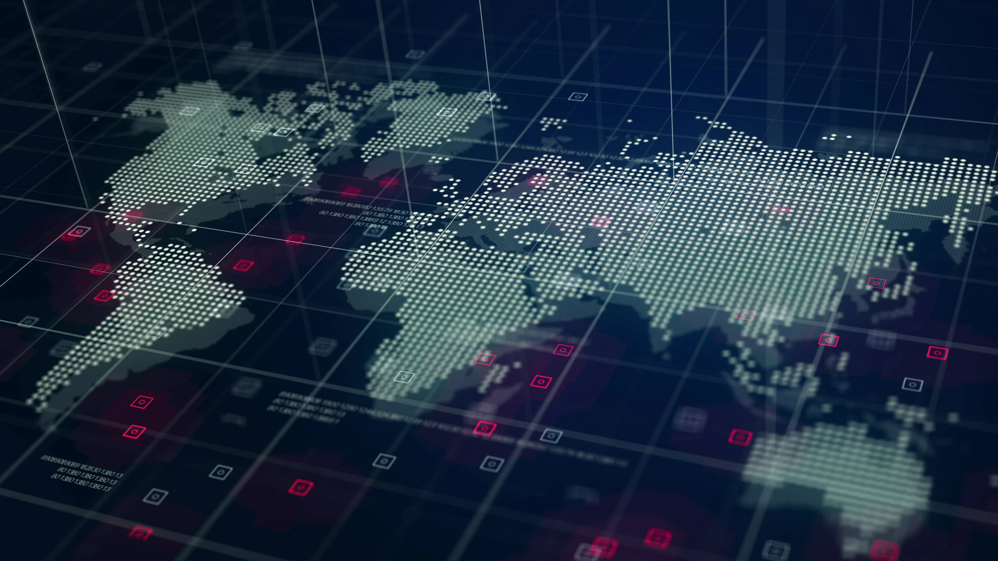 A digital world map drawn in points of light on a dark blue background.